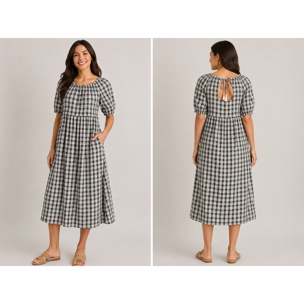 Old Navy Petite M Black White Plaid Smocked Neck Midi Dress Cottagecore Boho